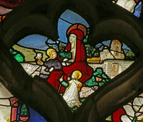Raam met afbeelding van Maria Salome en haar twee kinderen: Sint Johannes en Sint Jacobus